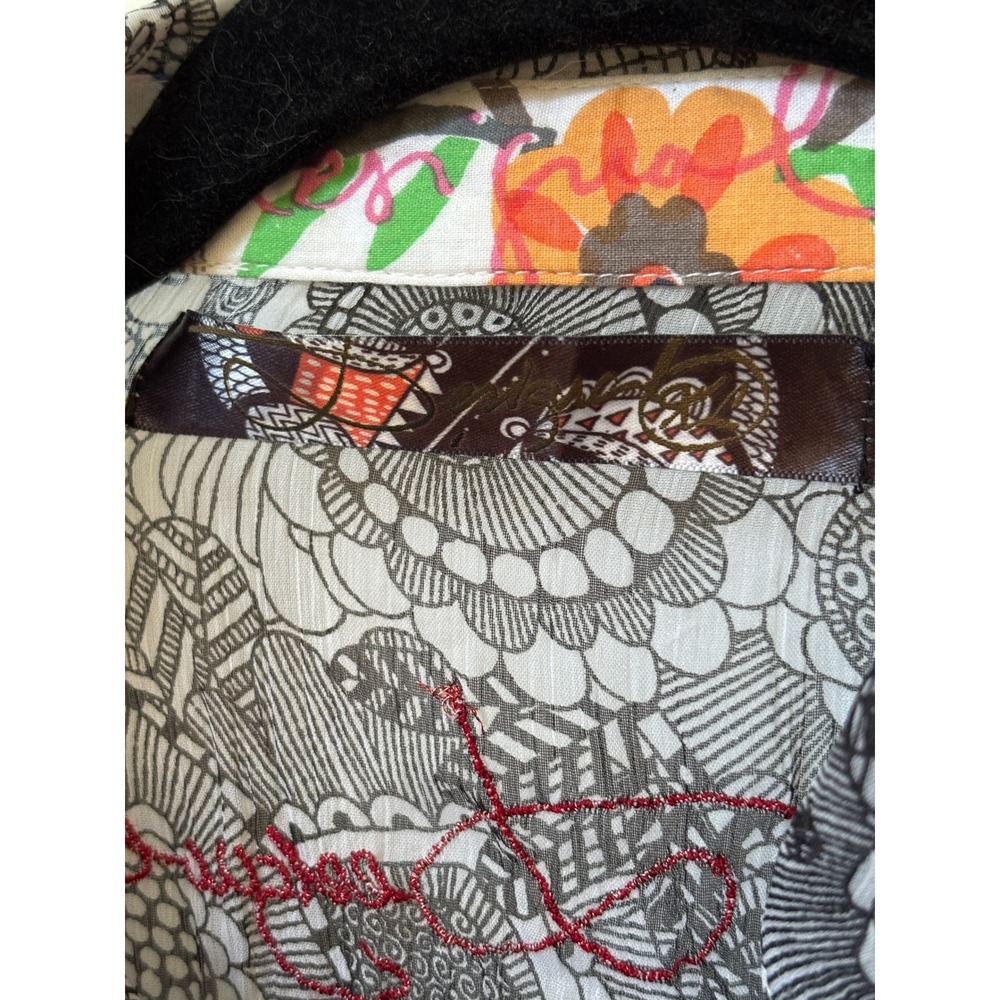Desigual Sheer Floral Doodle Button Down Blouse Embroidered Bird Butterfly Print - Picture 4 of 7